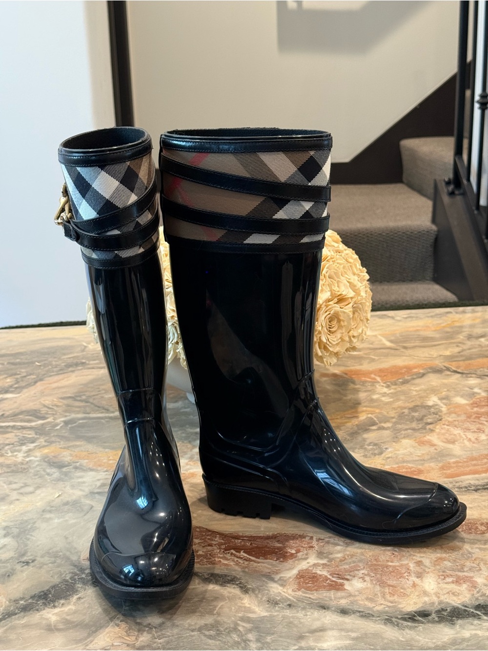 Burberry Nova Check Rubber Rain Boots Black Riding Boots Gold Hardware EU 38 - Picture 7 of 10